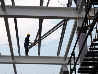 Construction workers working on scaffolding with blue sky at construction site