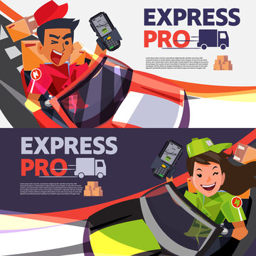 Delivery banner deisign or landing page. deliveryman and women drive a car to Send parcel - vector illustration
