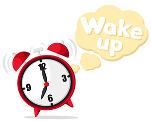 Alarm clock rings, bounces, and says Wake up on a white background.