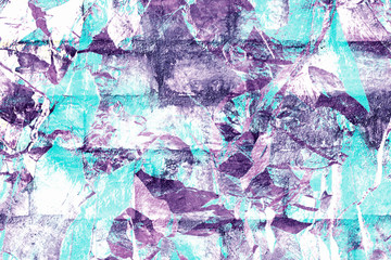 Abstract watercolor or oil paint graffiti and brick wall background. Colorful, stylish industrial, urban or grunge effect. Shades of purple, white, black and blue. 
