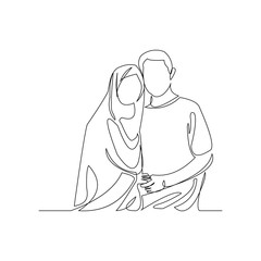 Continuous line drawing of romantic muslim couple in islamic clothes and hijab scarf. Ramadan kareem and ied mubarak greeting card line concept. Vector illustration.
