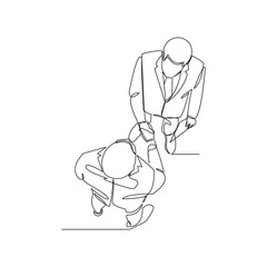 Continuous line drawing of two businessmen shaking hands from top view. Vector illustration.