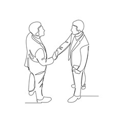 Continuous line drawing of two businessmen shaking hands from top view. Vector illustration.