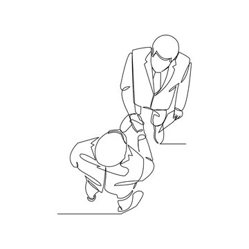 Continuous line drawing of two businessmen shaking hands from top view. Vector illustration.