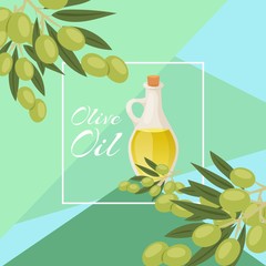 Olive oil glass pitcher with black and green olives,and white frame poster vector illustration. Organic olive oil for health from spain poster.