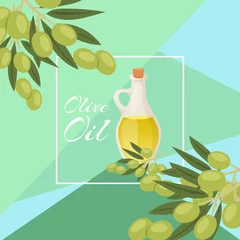 Foto op Plexiglas Olive oil glass pitcher with black and green olives,and white frame poster vector illustration. Organic olive oil for health from spain poster. © partyvector