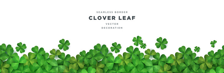 Clover shamrock leaf seamless border vector template for St. Patrick's day event celebration - obrazy, fototapety, plakaty