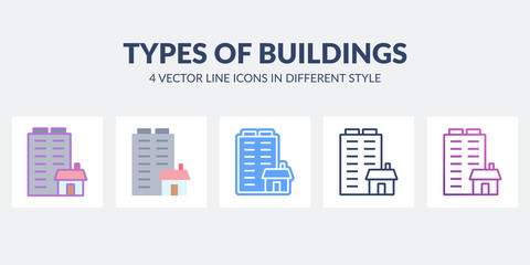 Types of buildings in flat, line, glyph, gradient and combined styles.