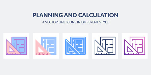 Planning and calculation icon in flat, line, glyph, gradient and combined styles.