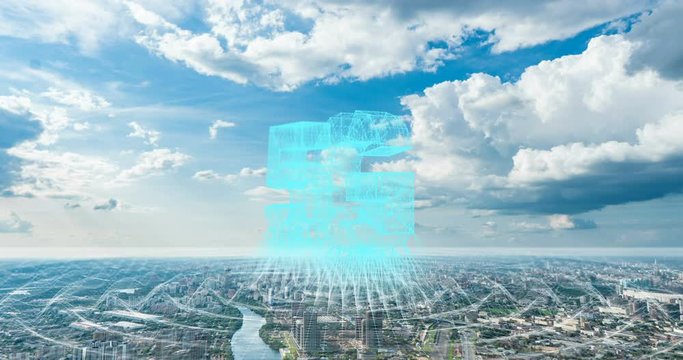 Smart city and communication network concept. Evening city time lapse with futuristic elements of telecommunications. The concept of high technology in the field of telecommunications