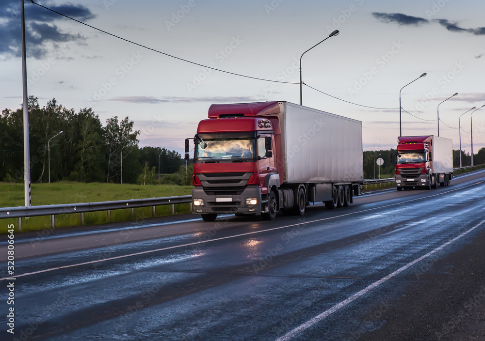 Sticker Trucks Semi-trailers Transporting cargo on a suburban highway