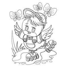 little bird in a cap and in short pants fun rollerblading along a country road, butterflies fly above him, outline drawing