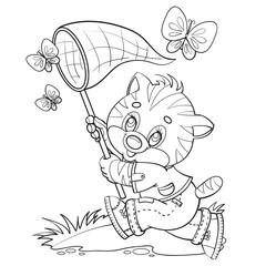 cute fluffy kitten runs with a butterfly net in its paws with butterflies, dressed in panties and a T-shirt, summer, heat, grass, outline drawing,