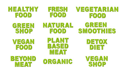 Fototapeta premium Vector set of green and organic products labels and badges - collection of different icons and illustrations related to fresh and healthy food. Isolated vector illustration on white background.