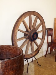 Wooden rim of a wagon wheel decoration in a building lobby