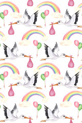 Seamless hand drawn  watercolor baby pattern. Flying stork with a baby boy and girl, rainbow, clouds and balloons isolated elements on white background