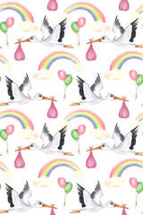 Seamless hand drawn  watercolor baby pattern. Flying stork with a baby boy and girl, rainbow, clouds and balloons isolated elements on white background