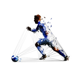 Soccer player running with ball, low poly isolated vector drawing, geometric footballer