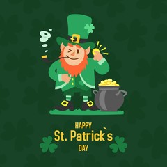 Saint Patricks day with treasure of leprechaun vector illustration. Pot full of golden coins, leprechaun in green hat and cloths, shamrock on blurred green background. Happy St Patricks day.
