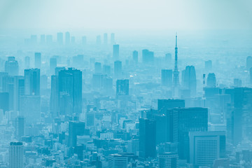 dust during daytime in a very polluted city - in this case Tokyo, Japan. Cityscape of buildings with bad weather from Fine Particulate Matter. Air pollution.