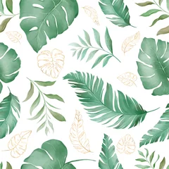 Wall murals Tropical plants with gold elements Seamless pattern of tropical leaves with outlined golden glitter on white background vector