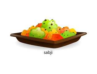 Traditional indian dish sabji vegetable stew. India dishes menu restaurant breakfast and dinner cartoon vector illustration