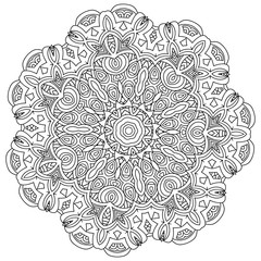 Monochrome A traditional Indian symbol. Decorative round ornament. Oriental pattern, Arabesque Vector Coloring page, Coloring book. Contour.