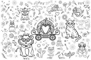 Vector scrapbook set for coloring. Fairytale world with magic beasts full of love, collection backgrounds Doodle. Birthday, Valentine's Day, Baby shower