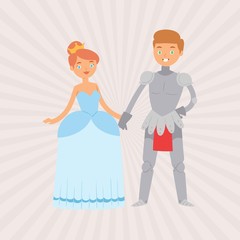 Fairytale love of knight in armour and princess in golden crown vector cartoon characters illustration. Fantasy knight and beautiful princess lady in dress. Fairy tale marriage and love.