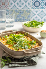 casserole with white cabbage in baking dish