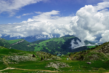 Fototapeta na wymiar View of the Alpine meadows from the top of Monte Baldo.