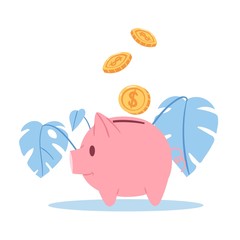 Happy piggy bank with money golden coins cartoon vector illustration. Saving dollars money and pink pig money box idea with monstera blue leaves isolated on white.