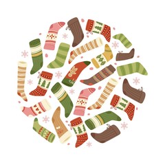 Colorful christmas socks and stockings vector illustration in circle isolated on white background. Xmas winter holiday socks are hanging for christmas gifts and presents banner or poster.