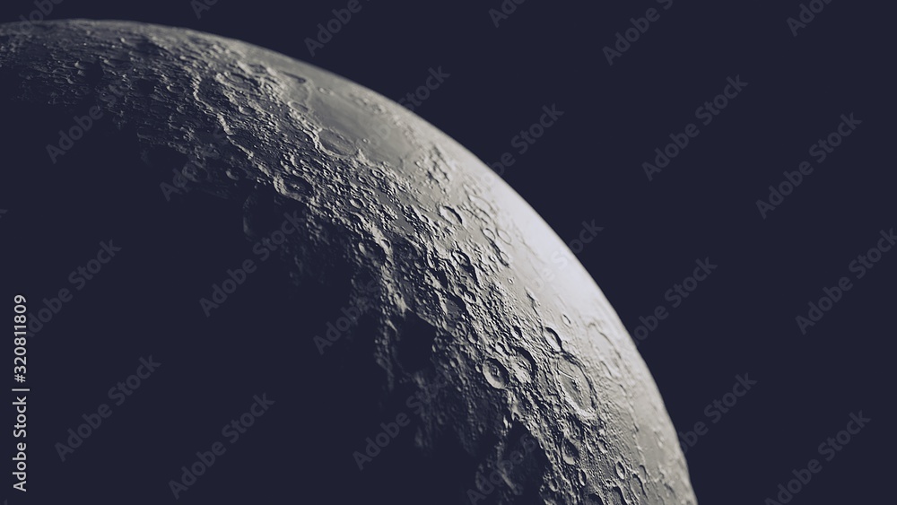 Poster realistic moon in the outer space isolated on black background, 3d rendering