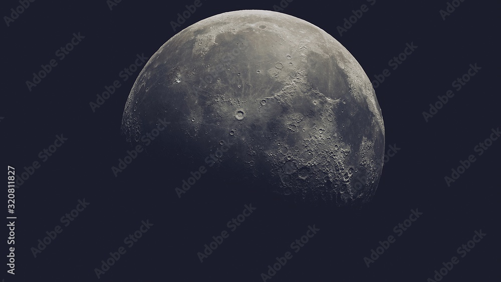 Poster realistic moon in the outer space isolated on black background, 3d rendering