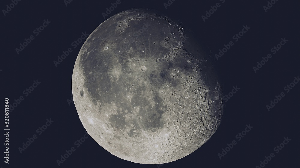 Poster realistic moon in the outer space isolated on black background, 3d rendering