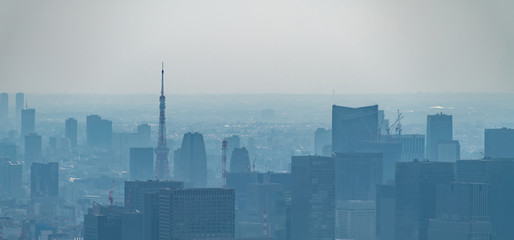 dust during daytime in a very polluted city - in this case Tokyo, Japan. Cityscape of buildings with bad weather from Fine Particulate Matter. Air pollution.