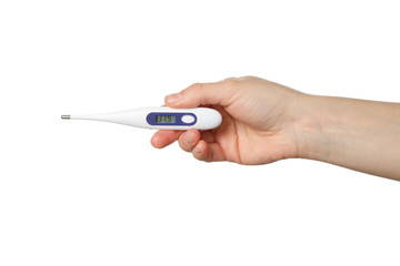 Hand holds thermometer isolated on white background. Virus protection