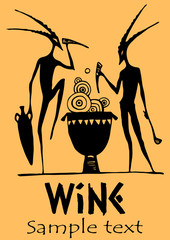 Wine label satire vector illustration drink hand drawing silhouettes Greek antique wine drinking