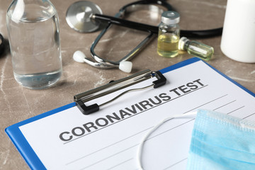 Composition of protective agents against Coronavirus on brown background, closeup. Healthcare and medical concept