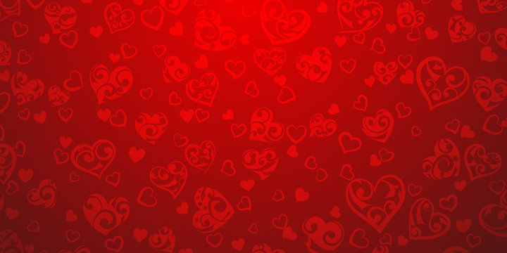 Background of big and small hearts with ornament of curls, in red colors