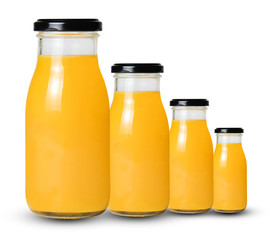 A row of bottles of fresh orange juice Isolated on a white background. Clipping path. Side view. An element of your design.