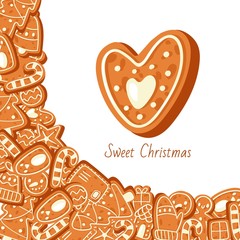 Sweet Christmas with gingerbread cookies vector illustration. Christmas greeting card with gingerbread man, heart, candy, house and tree. For leaflets, brochures, invitations, posters or banners.