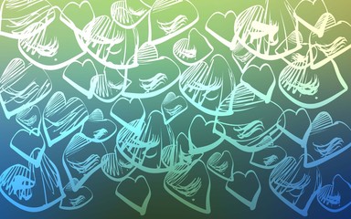 Light Blue, Green vector background with hearts. Blurred decorative design in doodle style with hearts. Template for Valentine's greeting postcards.