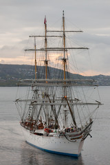 BERGEN NORWAY - 2015 MAY 28.  Tall Ship Statsraad Lehmkuhl from Norway enter the port of Bergen.