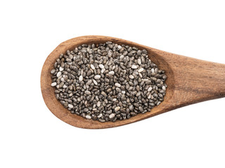 Close up of brown wooden spoon with chia seeds seen directly from above and isolated on white background