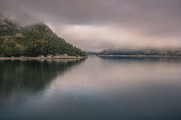 Views of the Inside Passage of Alaska on a cloudy, misty day