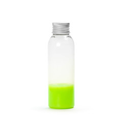 A small bottle of green liquid. Close up. Isolated on a white background