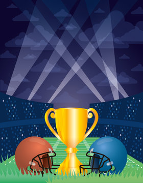 superbowl sport poster with trophy cup and helmets