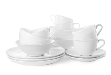Set of clean tableware isolated on white